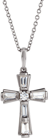 Platinum Round Natural Diamond Accented Baguette Cross Necklace or Pendant