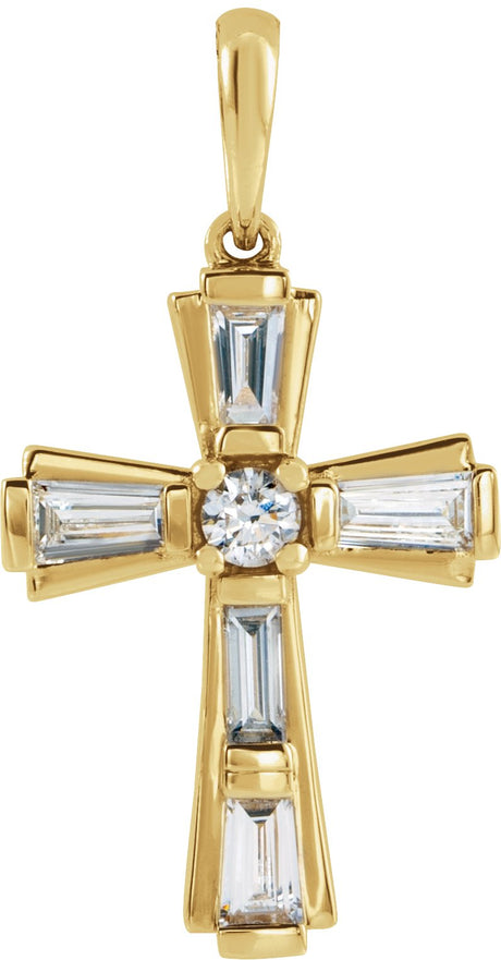 14K Gold Round Natural Diamond Accented Baguette Cross Necklace or Pendant - Yellow Gold