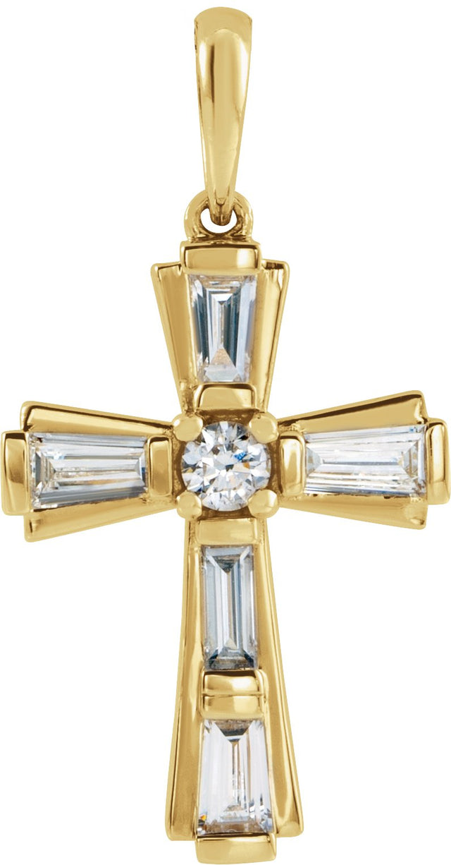 14K Gold Round Natural Diamond Accented Baguette Cross Necklace or Pendant - Yellow Gold