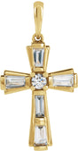 14K Gold Round Natural Diamond Accented Baguette Cross Necklace or Pendant - Yellow Gold
