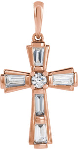 14K Gold Round Natural Diamond Accented Baguette Cross Necklace or Pendant - Rose Gold
