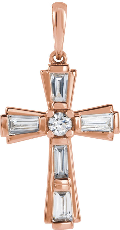 14K Gold Round Natural Diamond Accented Baguette Cross Necklace or Pendant - Rose Gold