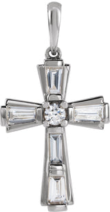 Platinum Round Natural Diamond Accented Baguette Cross Necklace or Pendant