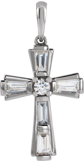 Platinum Round Natural Diamond Accented Baguette Cross Necklace or Pendant