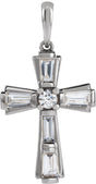 Platinum Round Natural Diamond Accented Baguette Cross Necklace or Pendant