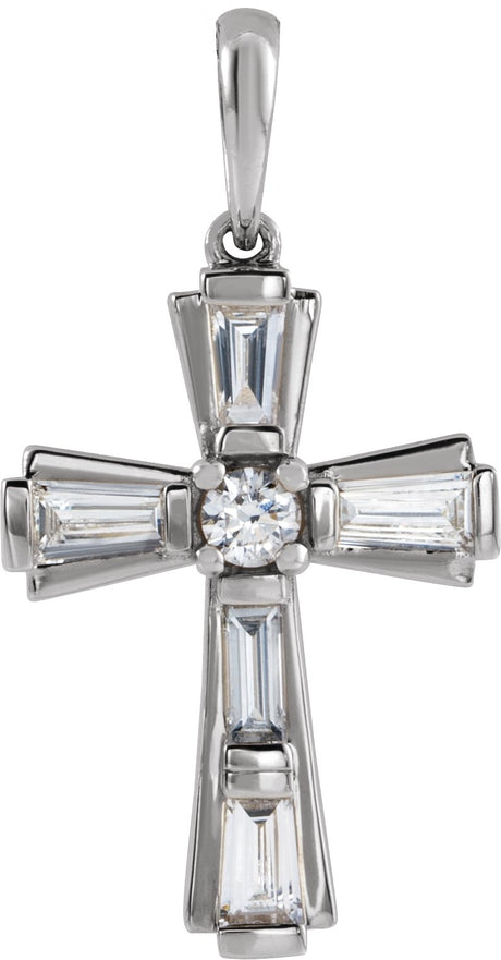 14K Gold Round Natural Diamond Accented Baguette Cross Necklace or Pendant - White Gold