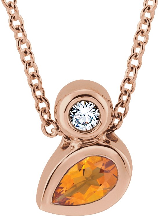 14K Gold Oval Natural Citrine Bezel-Set Necklace or Slide Pendant - Rose Gold