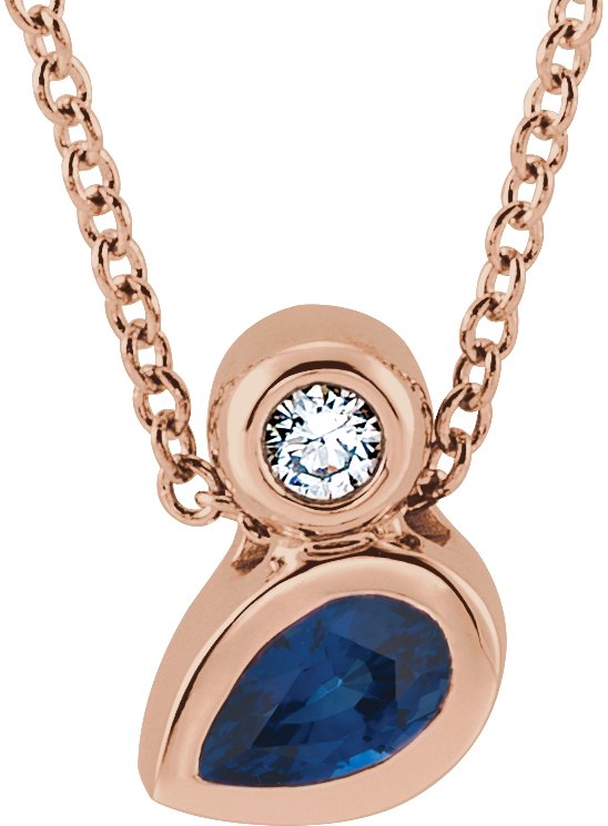 14K Gold Oval Natural Blue Sapphire Bezel-Set Necklace or Slide Pendant - Rose Gold