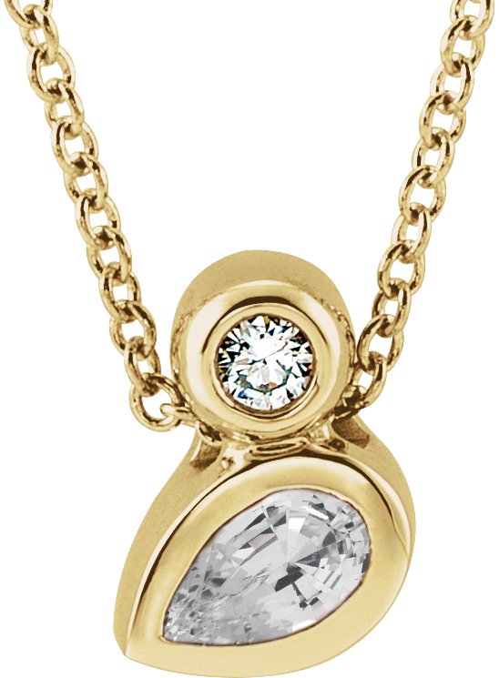 14K Gold Oval Natural White Sapphire Bezel-Set Necklace or Slide Pendant - Yellow Gold