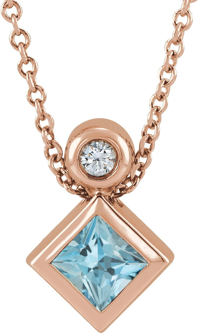 14K Gold Oval Natural Aquamarine Bezel-Set Necklace or Slide Pendant - Rose Gold