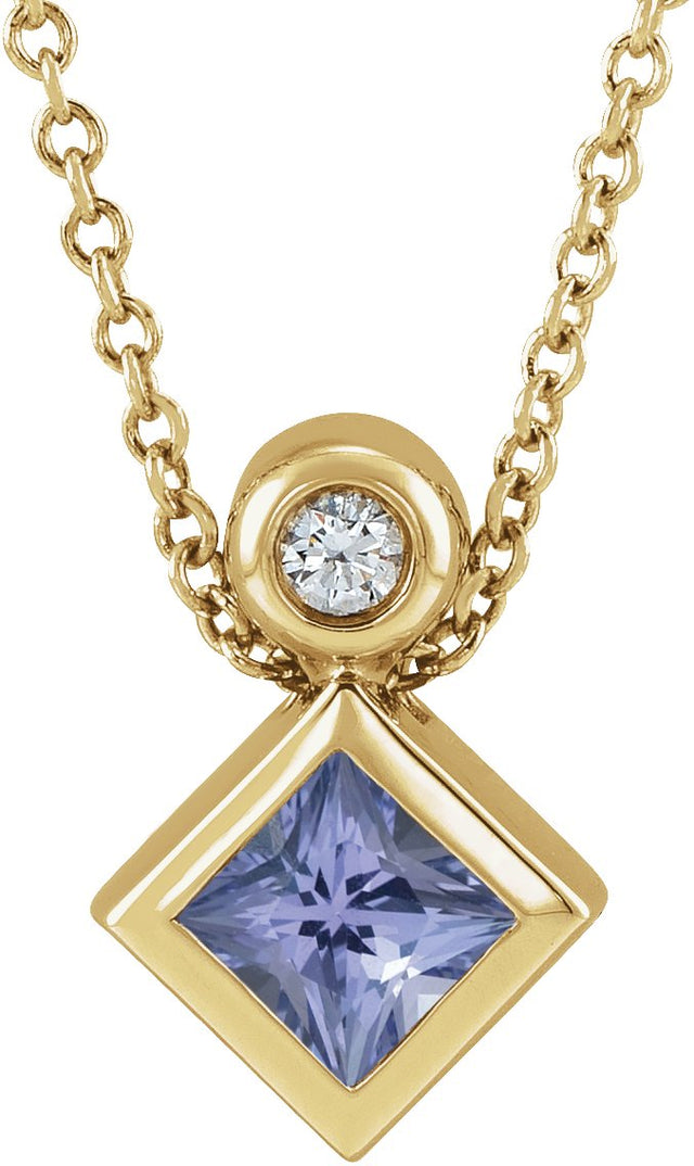 14K Gold Square Natural Tanzanite Bezel-Set Necklace or Slide Pendant - Yellow Gold
