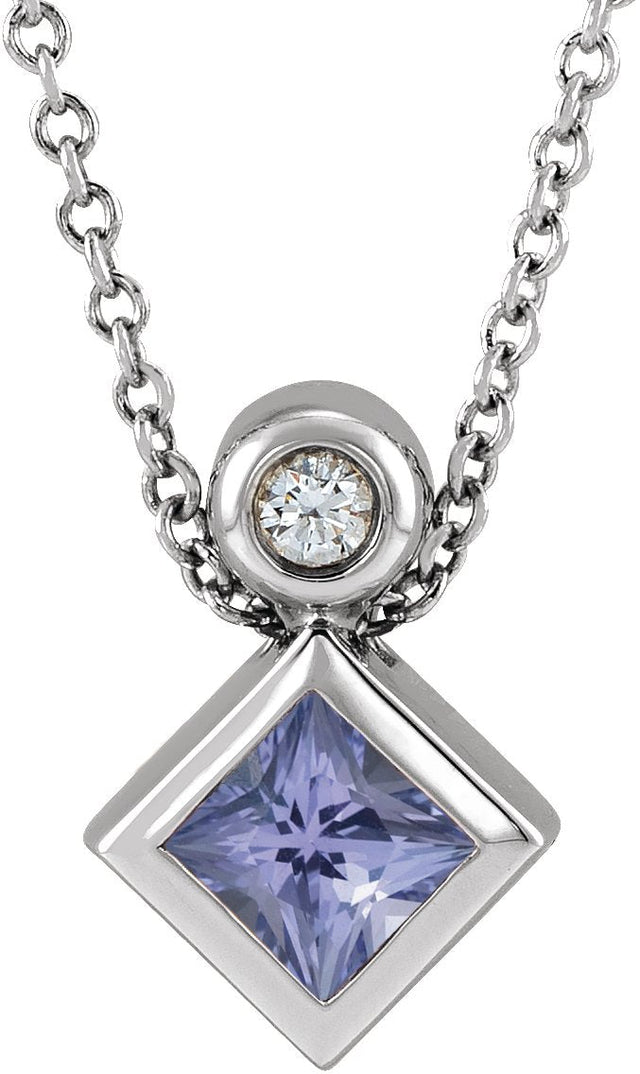 Platinum Square Natural Tanzanite Bezel-Set Necklace or Slide Pendant