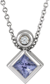 14K Gold Square Natural Tanzanite Bezel-Set Necklace or Slide Pendant - White Gold