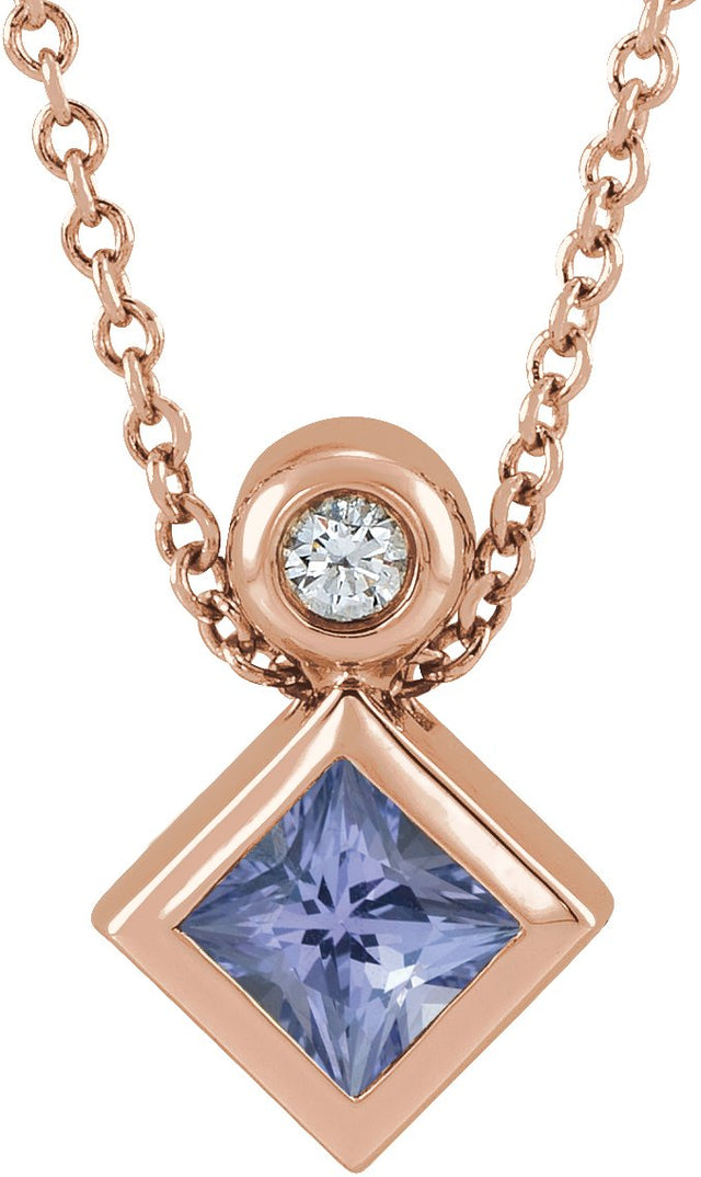 14K Gold Square Natural Tanzanite Bezel-Set Necklace or Slide Pendant - Rose Gold