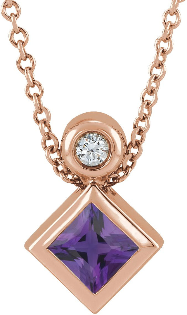 14K Gold Oval Natural Amethyst Bezel-Set Necklace or Slide Pendant - Rose Gold