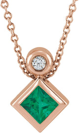 14K Gold Oval Natural Emerald Bezel-Set Necklace or Slide Pendant - Rose Gold