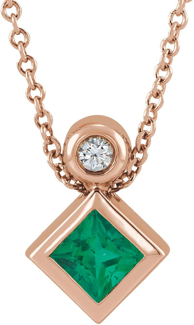 14K Gold Oval Natural Emerald Bezel-Set Necklace or Slide Pendant - Rose Gold
