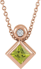 14K Gold Oval Natural Peridot Bezel-Set Necklace or Slide Pendant - Rose Gold