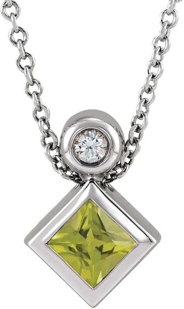 14K Gold Oval Natural Peridot Bezel-Set Necklace or Slide Pendant - White Gold
