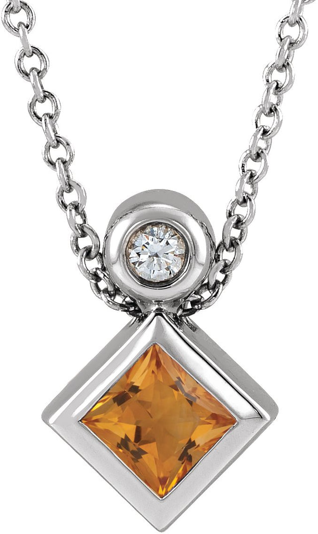 14K Gold Oval Natural Citrine Bezel-Set Necklace or Slide Pendant - White Gold