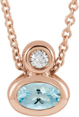 14K Gold Oval Natural Aquamarine Bezel-Set Necklace or Slide Pendant - Rose Gold