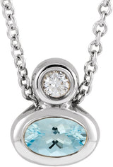 14K Gold Oval Natural Aquamarine Bezel-Set Necklace or Slide Pendant - White Gold