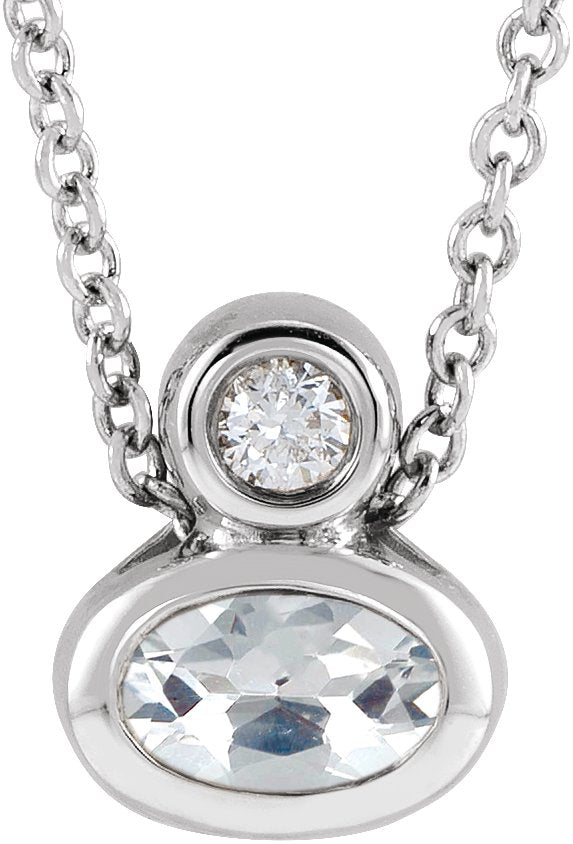 14K Gold Oval Natural White Sapphire Bezel-Set Necklace or Slide Pendant - White Gold