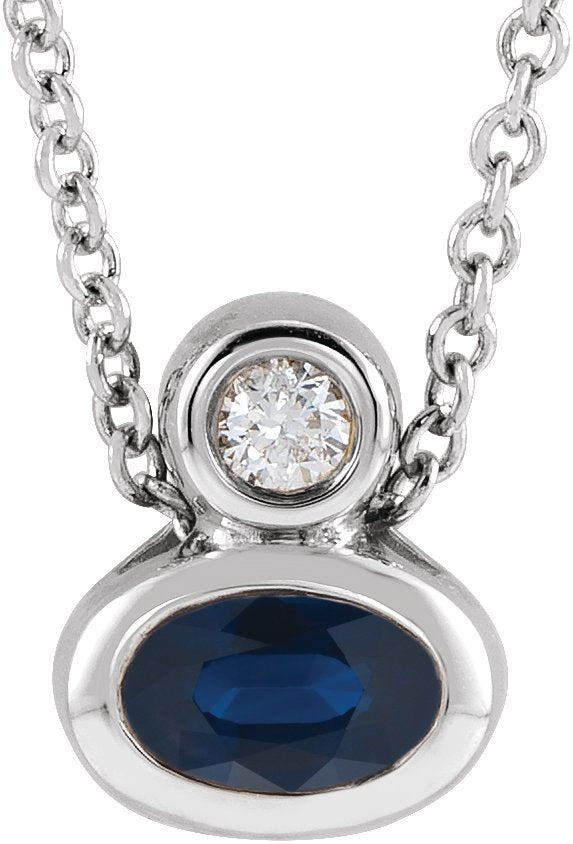 14K Gold Oval Lab-Grown Blue Sapphire Bezel-Set Necklace or Slide Pendant - White Gold