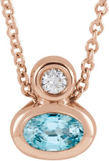 14K Gold Oval Natural Blue Zircon Bezel-Set Necklace or Slide Pendant - Rose Gold
