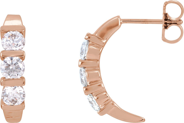 14K Gold Round Natural Diamond Three-Stone J-Hoop Earrings - Rose Gold