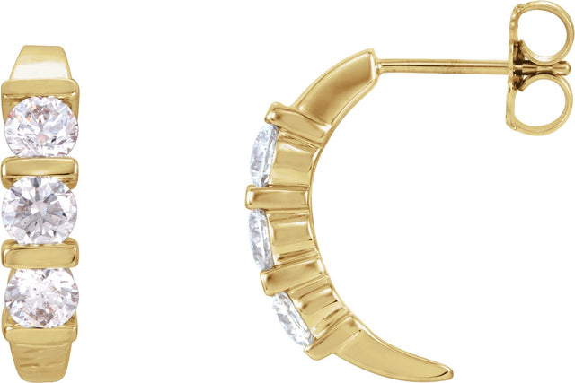 14K Gold Round Lab-Grown Diamond Three-Stone J-Hoop Earrings - Yellow Gold