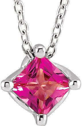 Platinum Square Natural Pink Tourmaline Solitaire Necklace or Slide Pendant