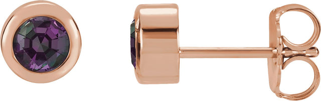 14K Gold Lab-Grown Alexandrite Round Bezel-Set Birthstone Stud Earrings - Rose Gold