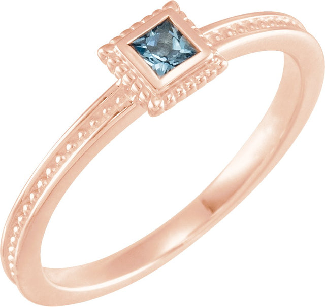 14K Gold Square Natural Aquamarine Family Stackable Ring - Rose Gold