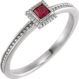 14K Gold Square Natural Ruby Family Stackable Ring - White Gold