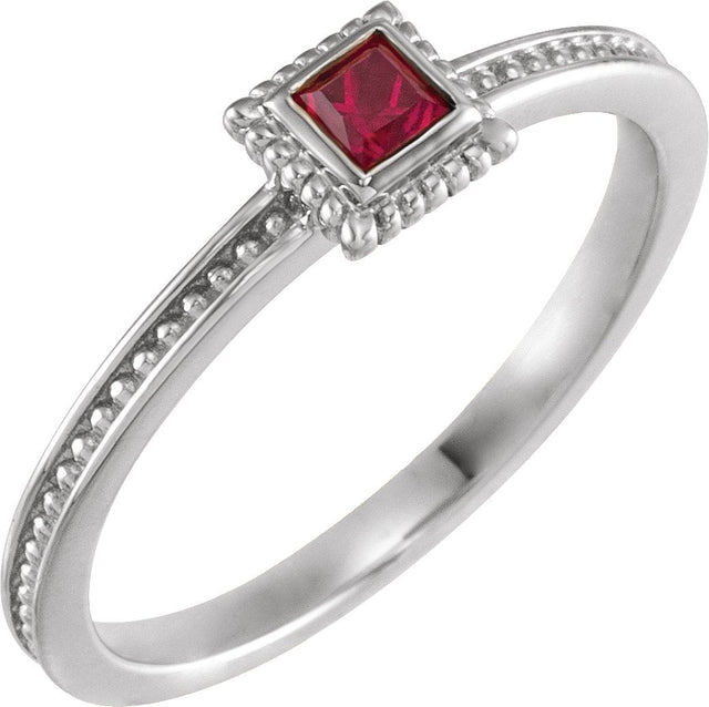14K Gold Square Lab-Grown Ruby Family Stackable Ring - White Gold