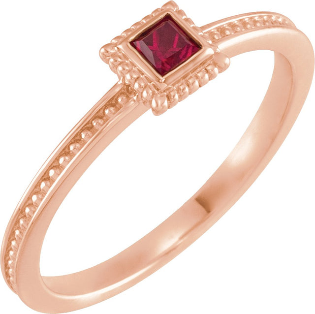14K Gold Square Lab-Grown Ruby Family Stackable Ring - Rose Gold