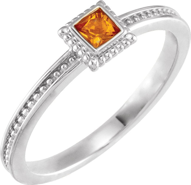 14K Gold Square Natural Citrine Family Stackable Ring - White Gold