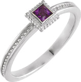 14K Gold Square Natural Amethyst Family Stackable Ring - White Gold