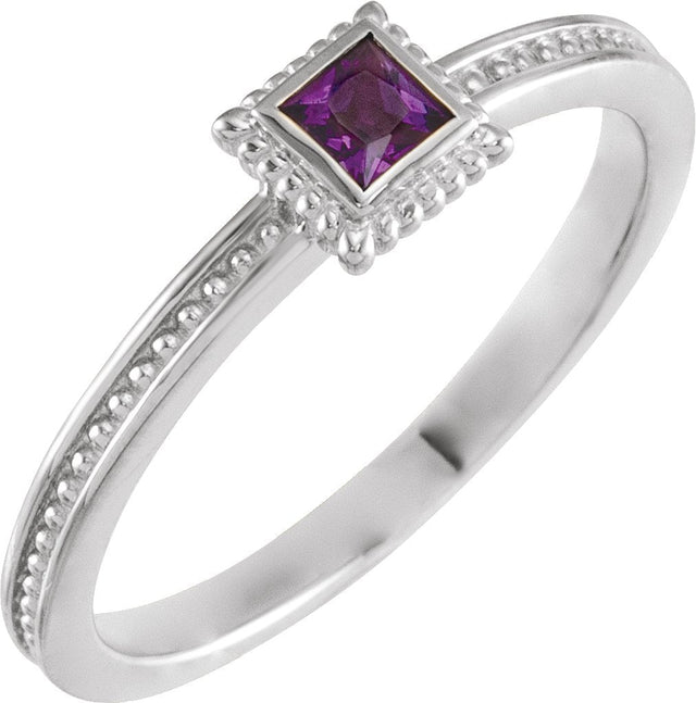 14K Gold Square Natural Amethyst Family Stackable Ring - White Gold