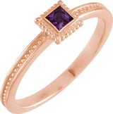 14K Gold Square Natural Amethyst Family Stackable Ring - Rose Gold