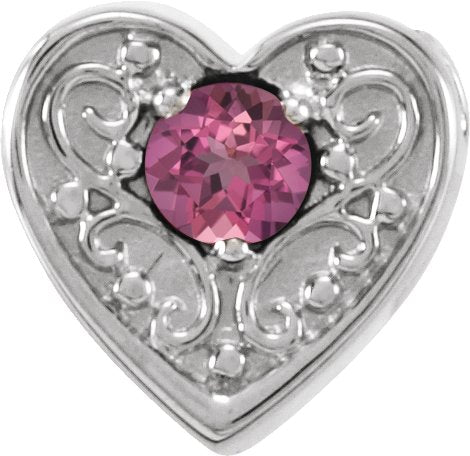 14K Gold Round Natural Pink Tourmaline Family Heart Slide Pendant - White Gold