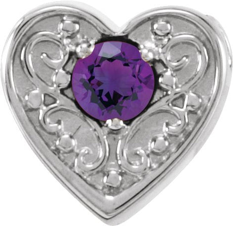14K Gold Round Natural Amethyst Family Heart Slide Pendant - White Gold