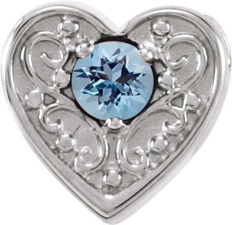 14K Gold Round Natural Aquamarine Family Heart Slide Pendant - White Gold