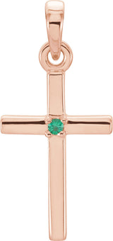 14K Gold Round Natural Emerald Birthstone Cross Pendant - Rose Gold