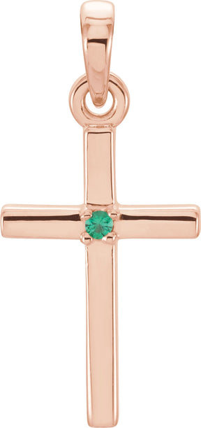 14K Gold Round Natural Emerald Birthstone Cross Pendant - Rose Gold