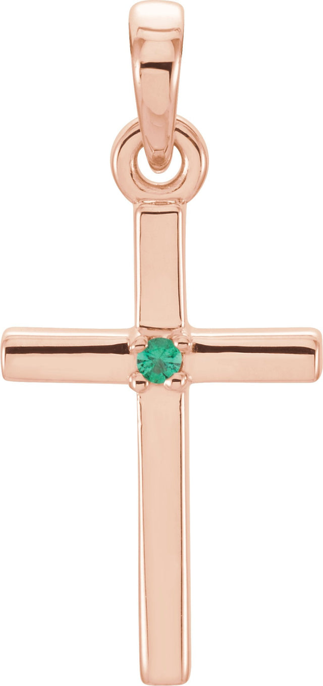 14K Gold Round Natural Emerald Birthstone Cross Pendant - Rose Gold