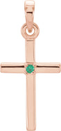 14K Gold Round Natural Emerald Birthstone Cross Pendant - Rose Gold