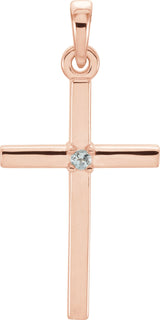 14K Gold Round Natural Aquamarine Birthstone Cross Pendant - Rose Gold