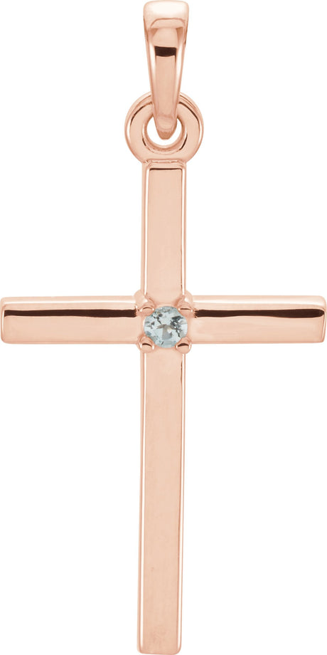 14K Gold Round Natural Aquamarine Birthstone Cross Pendant - Rose Gold